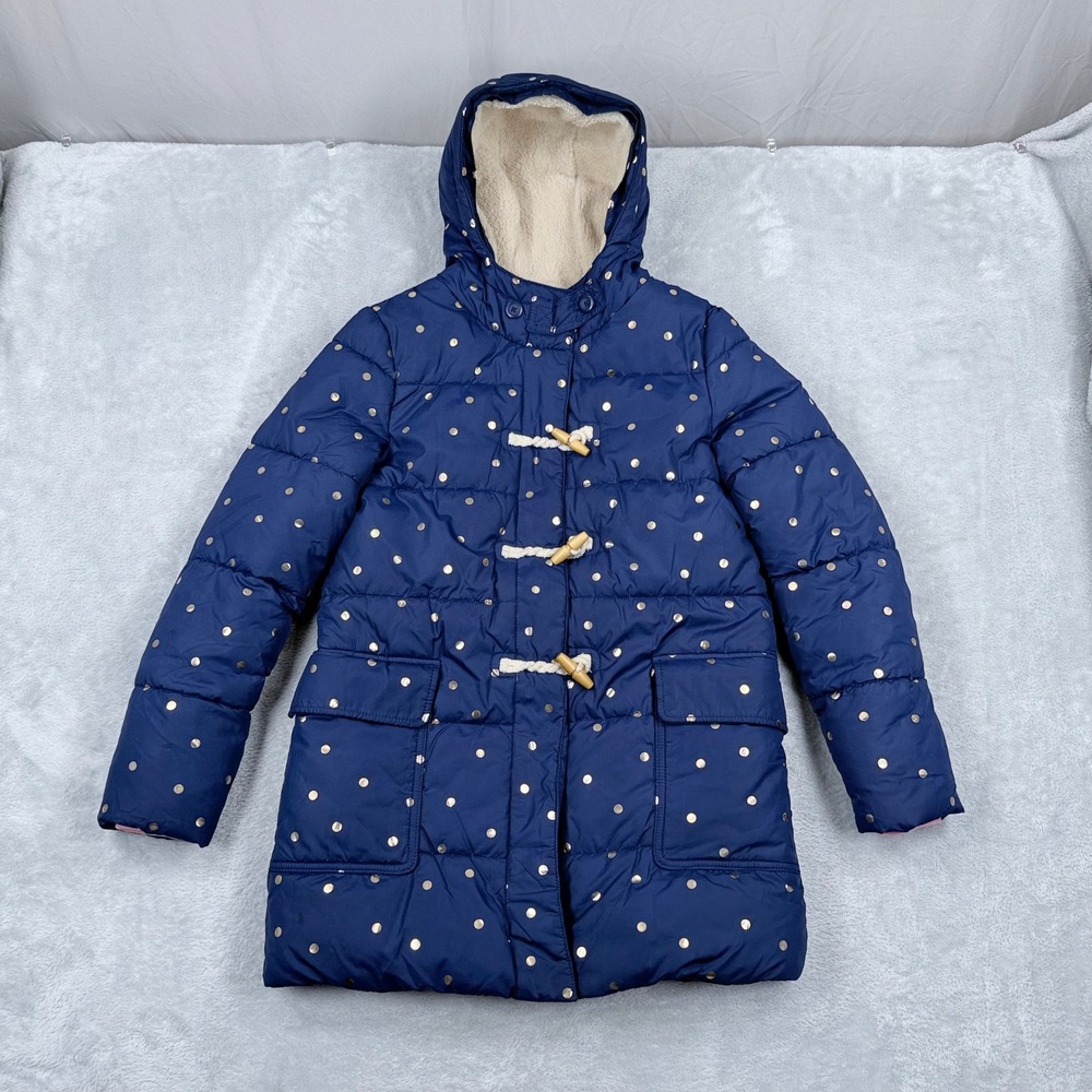 Boden Puffer Coat Girls 11-12Y Navy Blue Polka Dot Sherpa Fleece Hooded Toggle